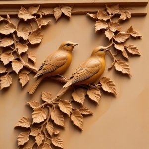 Carved stone relief: a climbing vine on a trellis with a small bird perched on it