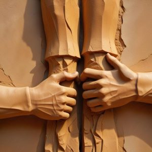 Carved stone relief: two forearms meeting in a firm handshake, one arm mechanical with visible joints