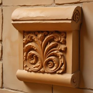 Carved stone relief: a stack of unfurling scrolls pouring out of an open chest