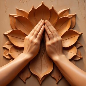 Carved stone relief: a pair of hands pressed together in prayer above an open lotus flower