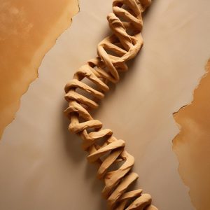 Carved stone relief: a DNA double helix entwined with an olive branch