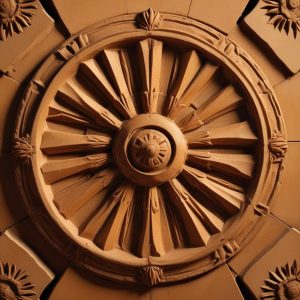 Carved stone relief: a wheel of nine square panels radiating from a central hub
