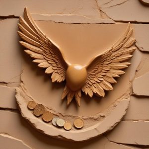 Carved stone relief: a sealed envelope with two outstretched wings above a stack of coins