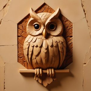 Carved stone relief: an owl perched above an interlocking geometric circuit pattern