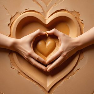Carved stone relief: a heart held in two cupped hands above a shallow bowl