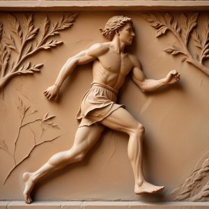 Carved stone relief: an athlete in a short belted tunic running mid-stride beneath a laurel branch