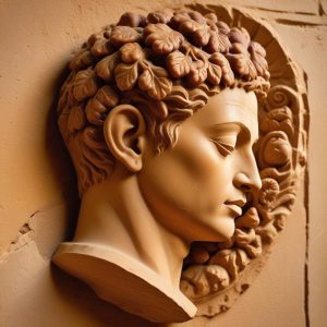 Carved stone relief: a bowl of figs and grapes beside a human head in profile with a spiral carved at the temple