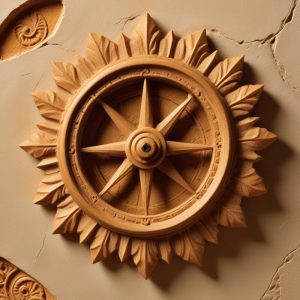 Carved stone relief: a stylus, a drawing compass and a small cogwheel arranged on an open scroll