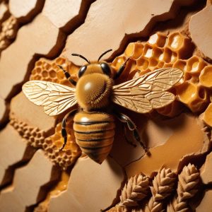 Carved stone relief: a honeybee above a honeycomb with a sheaf of wheat to one side