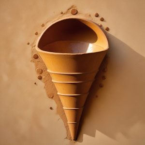 Carved stone relief: a tall cone-shaped funnel with coins falling from it into a bowl below
