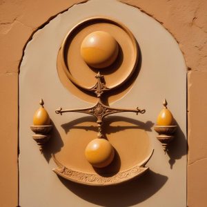 Carved stone relief: a pair of balanced scales flanked by two crescent moons
