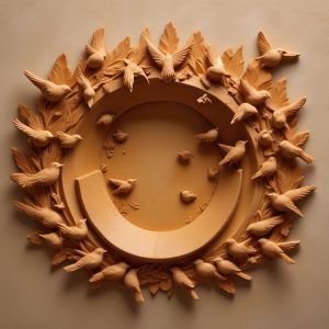 Carved stone relief: a horseshoe magnet drawing a flock of small birds toward it