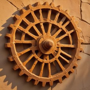 Carved stone relief: interlocking cogwheels driving a water wheel