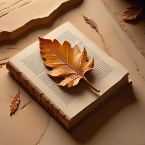 Carved stone relief: an open book with a quill resting on it and a single falling leaf