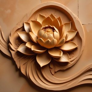 Carved stone relief: a lotus flower rising between two cresting waves