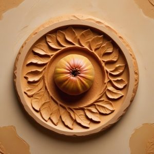 Carved stone relief: a single fig on a shallow plate encircled by a spiral of leaves