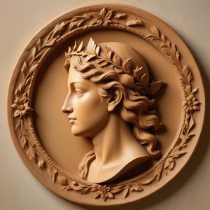Carved stone relief: a laurel-crowned profile inside a round medallion