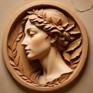 Carved stone relief: a serene woman's face in profile encircled by laurel leaves
