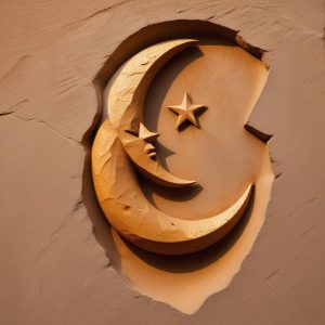 Carved stone relief: a crescent moon with three small stars