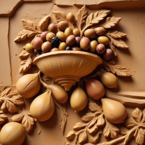 Carved stone relief: a cornucopia spilling grain, olives and figs