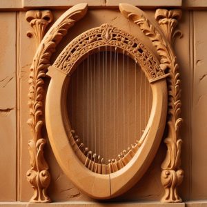 Carved stone relief: a lyre with sound waves radiating outward from its strings