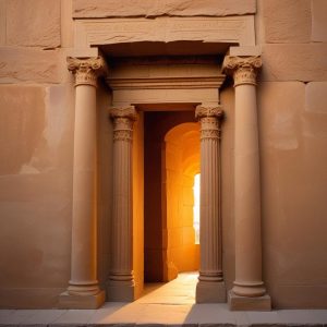Carved stone relief: a doorway between two columns with a beam of light falling through