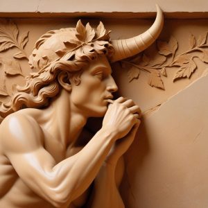 Carved stone relief: a herald blowing a long curved horn with laurel leaves behind him